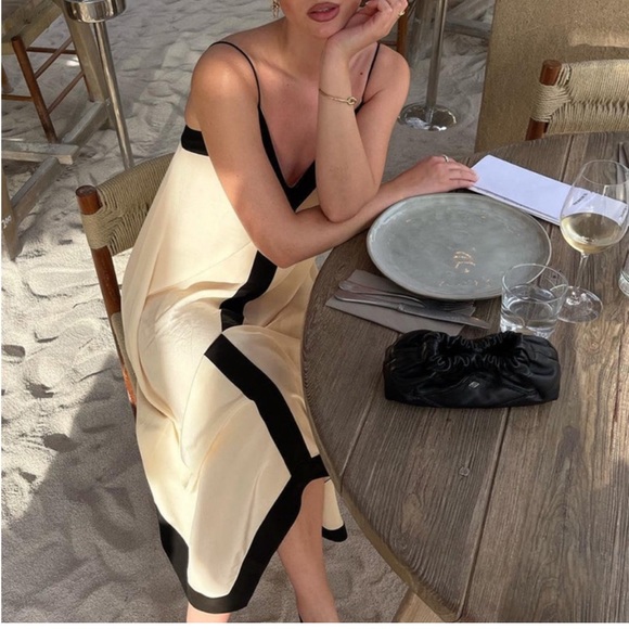 Cream & black stripe asymmetrical spaghetti strap v neck flowy casual maxi dress - Picture 4 of 6